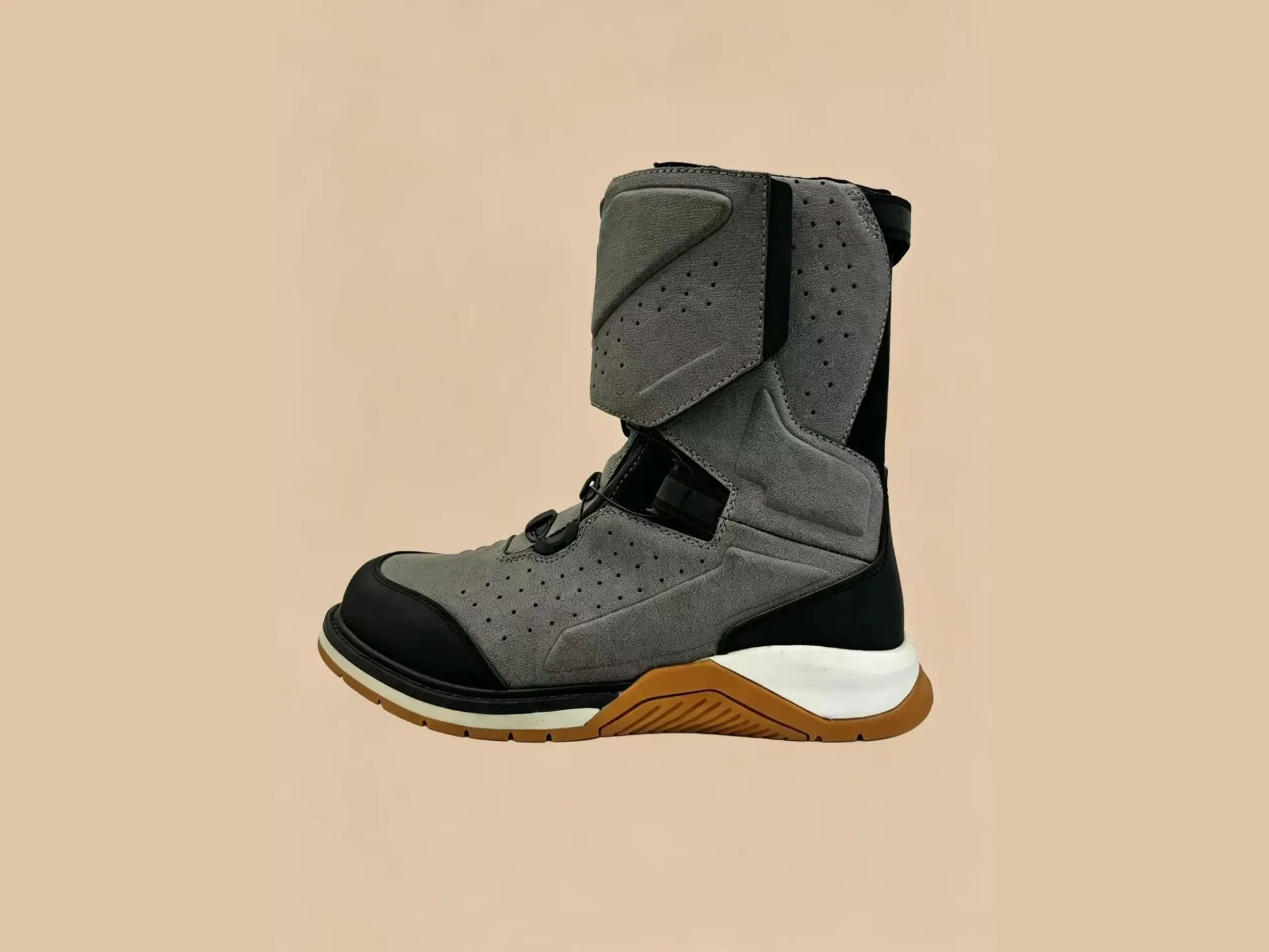 Grey motorcycle boot with buckle system