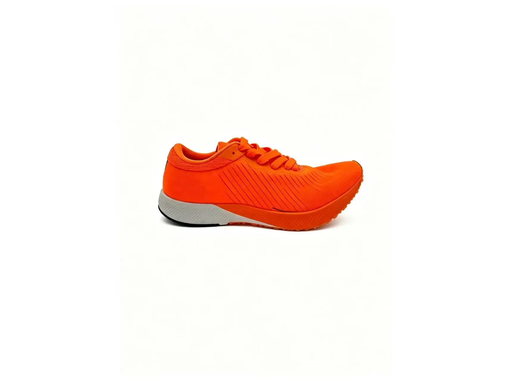 Orange running shoe with knit upper