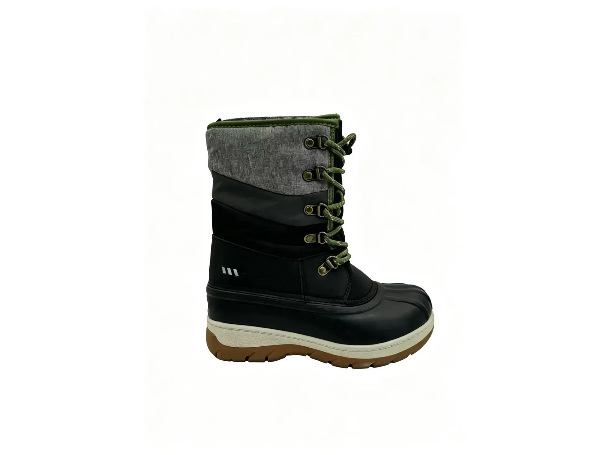 Grey and green snow boot with laces